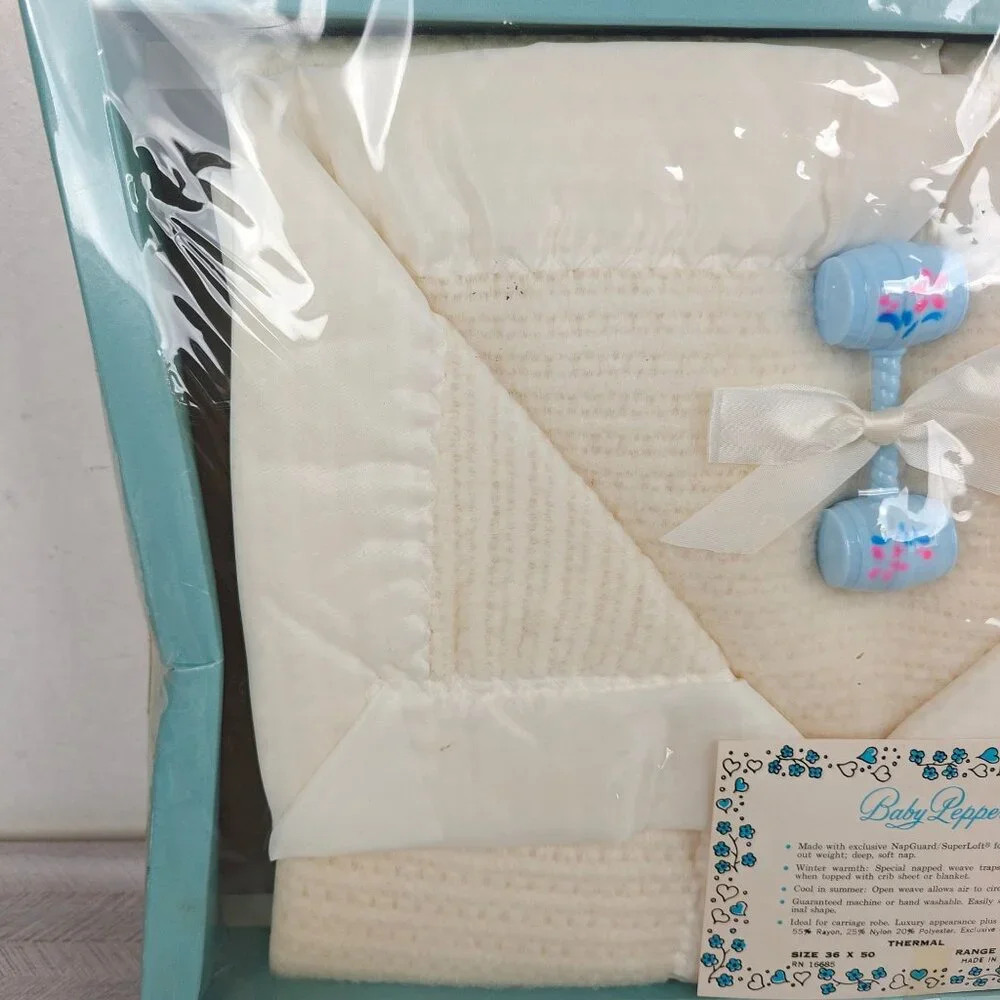 Vintage Baby Pepperell Thermal Blanket Cream Woven Soft Newborn Gift With Rattle